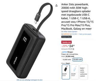 Anker Zolo Powerbank 20.000mAh - 30W voor €24,99 bij Amazon
