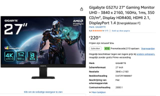 Gigabyte GS27U 27" 4K Ultra HD 160Hz IPS Gaming monitor voor €220,76 bij Amazon