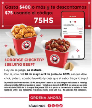 Cupón Panda Express: $75 de ahorro al comprar $400