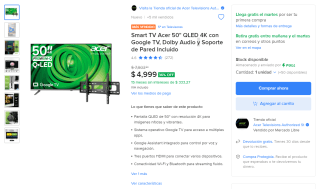 Smart TV Acer 50" QLED 4K con Google TV por $4,519 en Mercado Libre