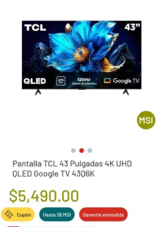 TV TCL 43" 4K UHD QLED Google TV 43Q6K por $3,792 en Soriana