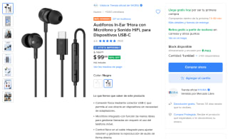 Audífonos in-ear con micrófono y USB-C por $100 en Mercado Libre