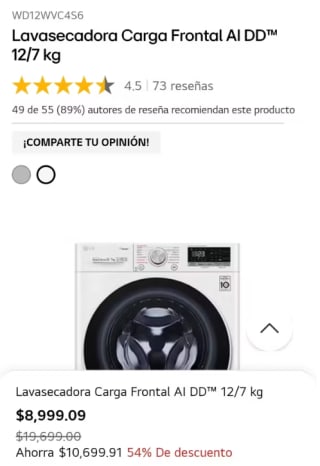 Lavasecadora LG Carga Frontal Al DD 12/7 kg por $7,829