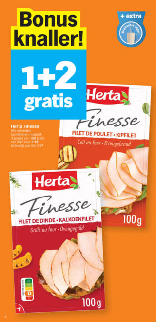 1+2 gratis op Herta Finesse kip/kalkoenfilet bij Albert Heijn