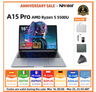 Ninkear A15 Pro Laptop 16 inch Ryzen 5 5500U 16GB DDR4 + 1TB voor € 349,06
