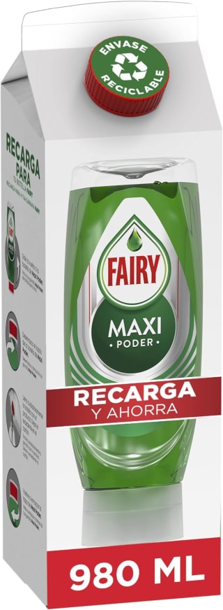 2 botes Fairy Maxi Poder Recambio Cartón Lavavajillas Líquido 980 ML por 9,78€