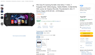 MSI Claw PC Gaming Portátil Intel Ultra 7-155H 512GB por $8,703 en Amazon