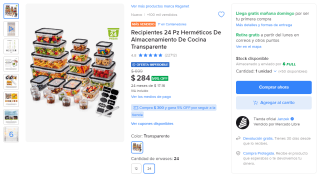 Recipientes de plástico herméticos (24 pz) por $284 en Mercado Libre