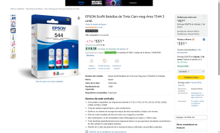 EPSON Ecofit T544 Cian Magenta Amarillo por $368 | Amazon