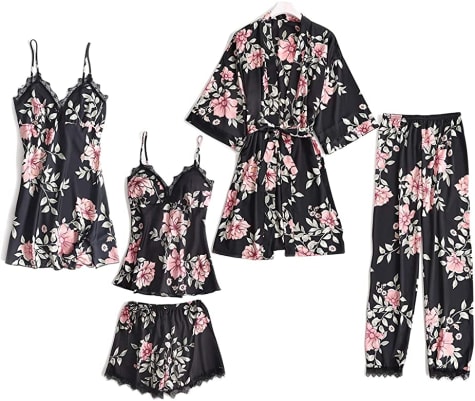 Danfiki Pijama Mujer Verano Sexy Conjunto de Pijama Seda 5 Piezas Kimono Bata Robe de Baño