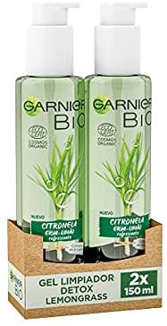 Garnier Bio, Gel Limpiador Détox Lemongrass con Aceite Esencial de Citrinola Ecológico y Glicerina, Atrapa la Suciedad, Grasa y Residuos de Polución, Fórmula Vegana, Pack 2 x150 ml