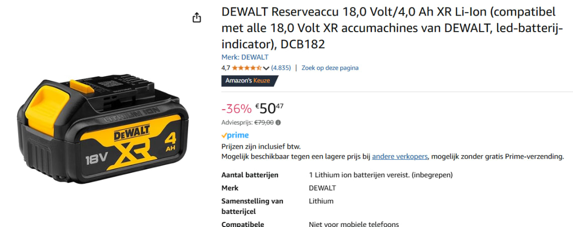 DeWALT DCB182 Accu 18V 4.0Ah XR Li-Ion voor €50,47 bij Amazon