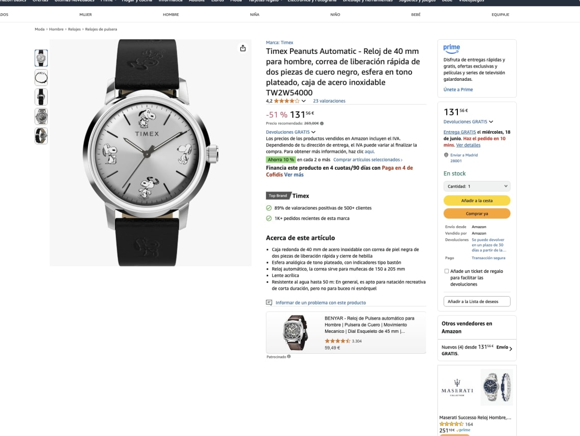 Reloj Timex Peanuts Automatic de 40 mm para Hombre por 131,56€