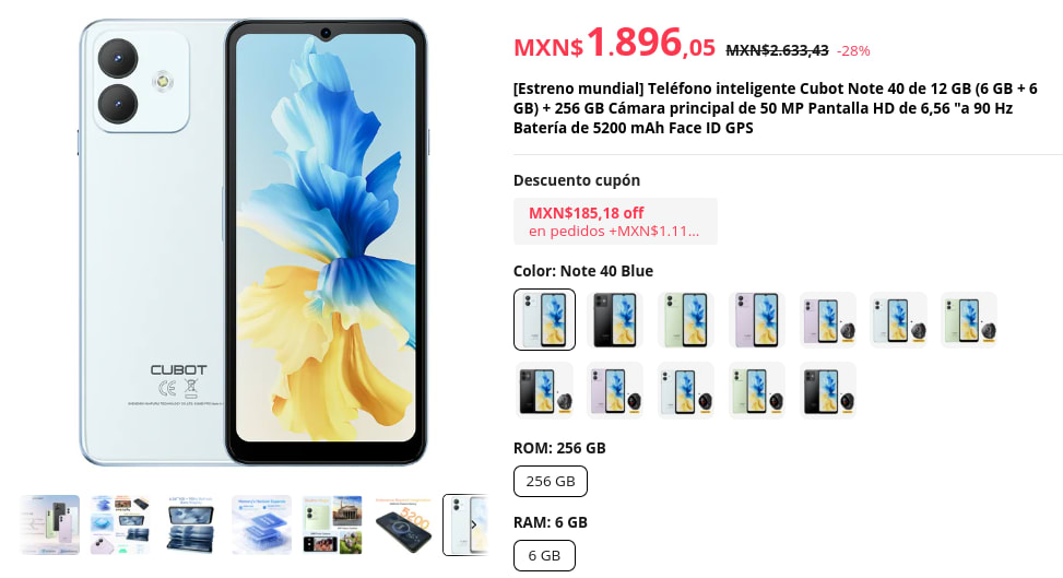 Cubot Note 40 6GB 256GB por $1,620 en AliExpress