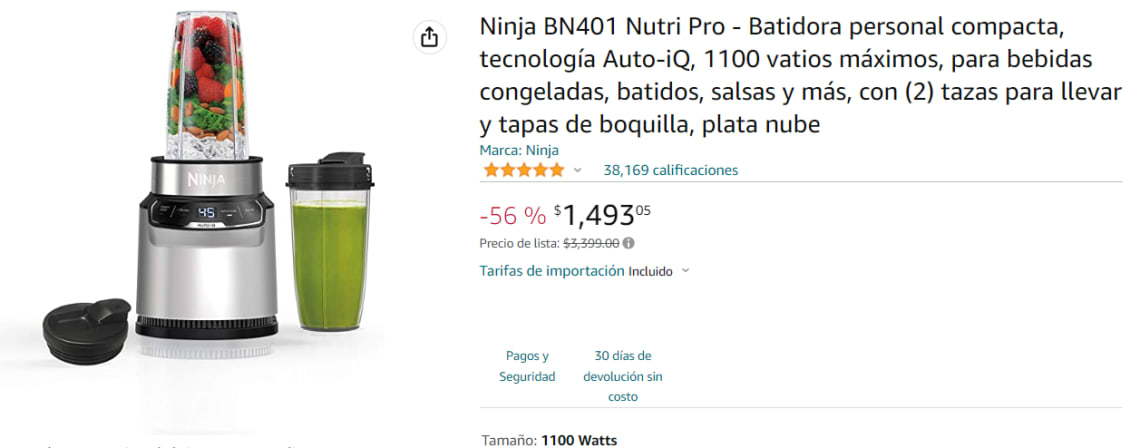 Batidora Personal Ninja BN401 1100 Watts Auto-iQ