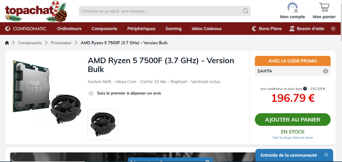 Processeur AMD Ryzen 5 7500f avec Ventirad –