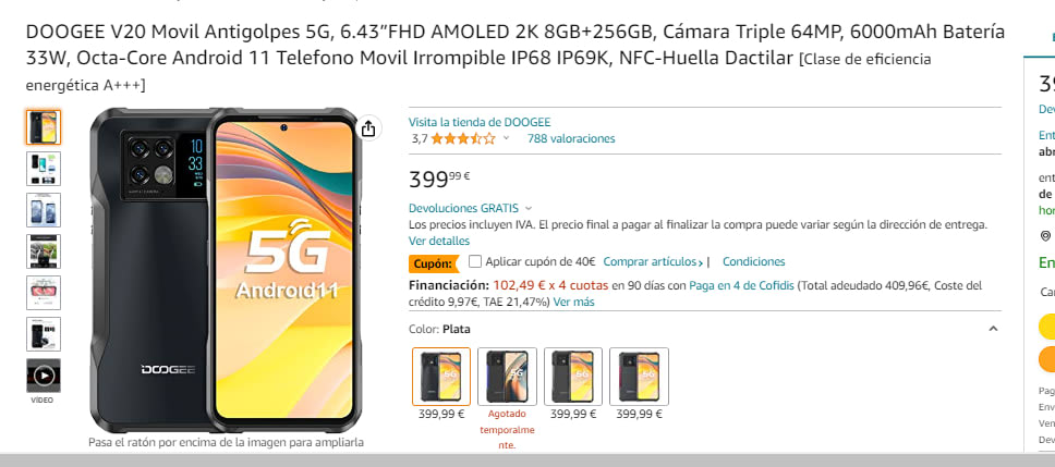 Móvil DOOGEE V20 Antigolpes 5G 8GB+256GB por 319.99€