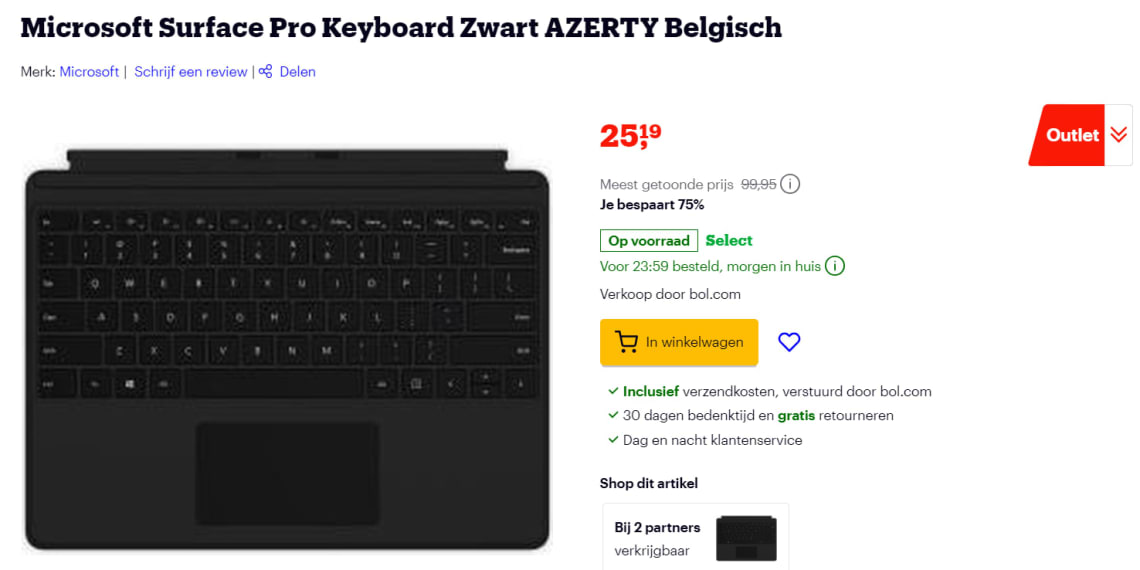 Microsoft Surface Pro Keyboard Zwart AZERTY Belgisch voor €25,19 bij Bol.com