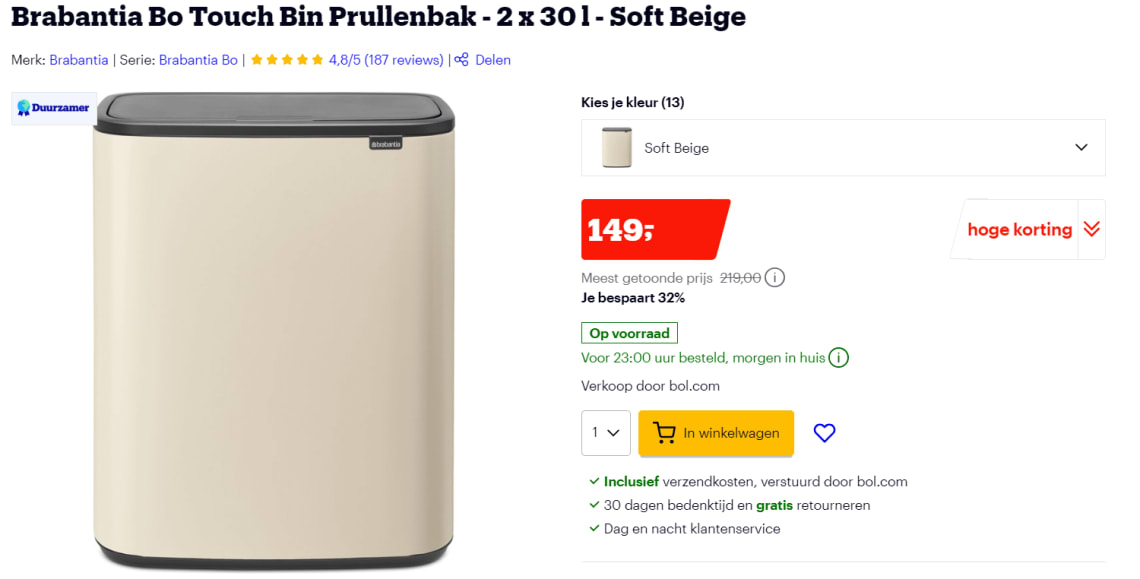 Brabantia Bo Touch Bin Prullenbak - 2 x l - Beige voor €149 Bol.