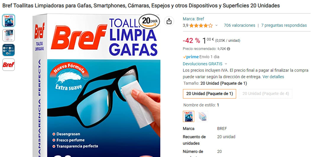 Toallitas limpia gafas suaves paquete 20 unidades · BREF