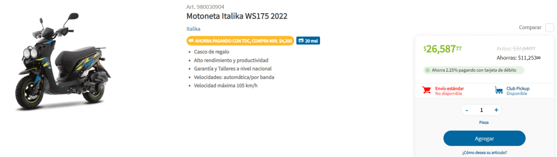 Motoneta Italika WS175 a $20,679 en Sam's Club