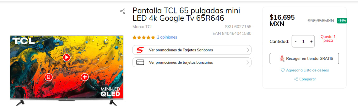 Pantalla Tcl 65 Mini Led 4K Google Tv 65R646