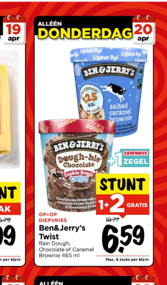[Donderdag] 3 halen = 1 betalen op Ben&Jerry's ijs ( totaal €6,59 )