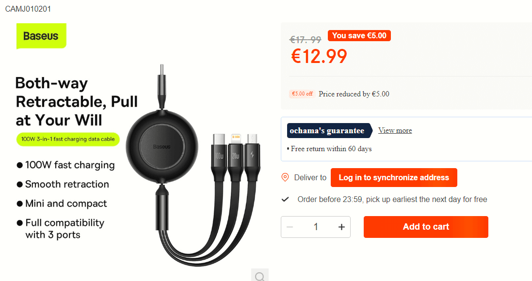 Baseus Oprolbare 3-in-1 USB-C naar Lightning/USB-C/MicroUSB Kabel 1.1M voor €12,99 bij Ochama