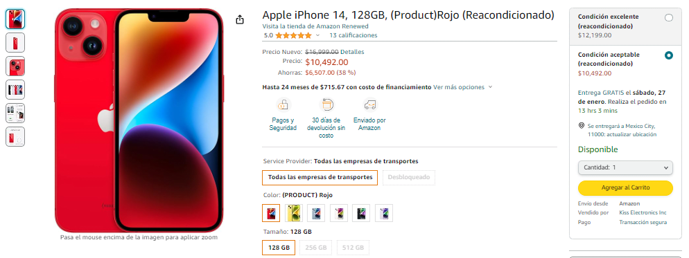 Apple iPhone 14, 128GB, (Product)Rojo (Reacondicionado) 