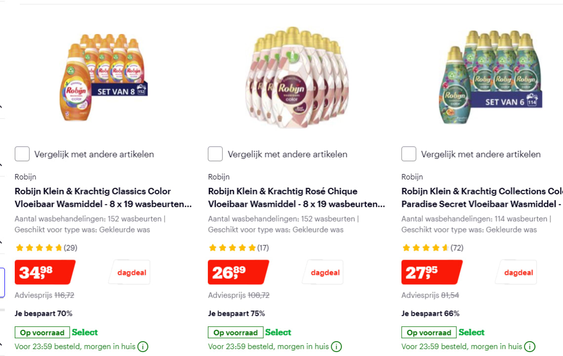 Tot 75% korting op Robijn wasmiddel en was capsules bij Bol.com