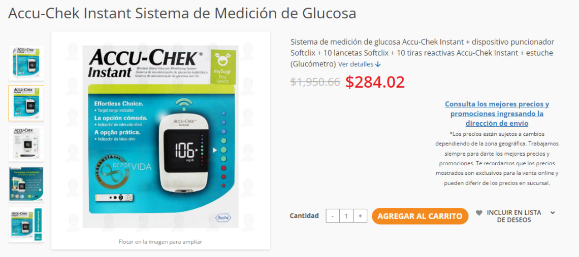 Glucómetro Accu-Chek Instant a $284 en Farmacias Guadalajara