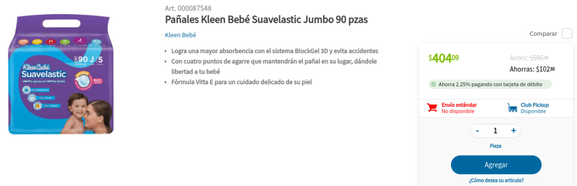 Pañales Kleen Bebé Suavelastic Jumbo a $404 en Sam's Club