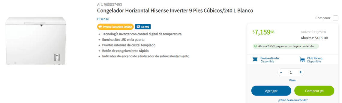 Congelador Horizontal Hisense a $7,160 en Sam's Club