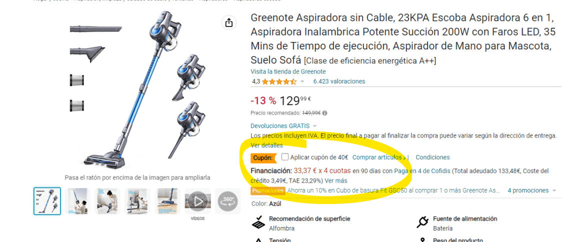 Greenote Aspiradora sin Cable, 23KPA Escoba Aspiradora 6 en 1, Aspiradora  Inalambrica Potente Succión 200W con Faros LED, 35 Mins de Tiempo de  ejecución, Aspirador de Mano para Mascota, Suelo Sofá 