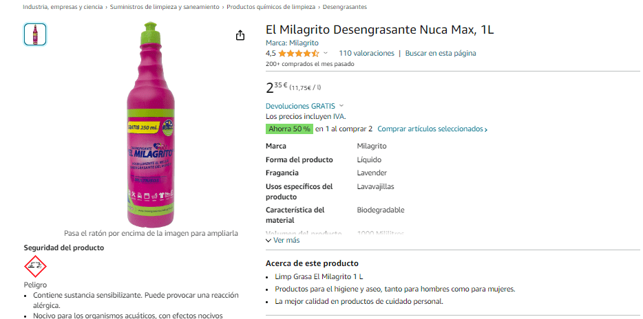 2x El Milagrito Desengrasante Nuca Max, 1L [1'76€/UD] » Chollometro