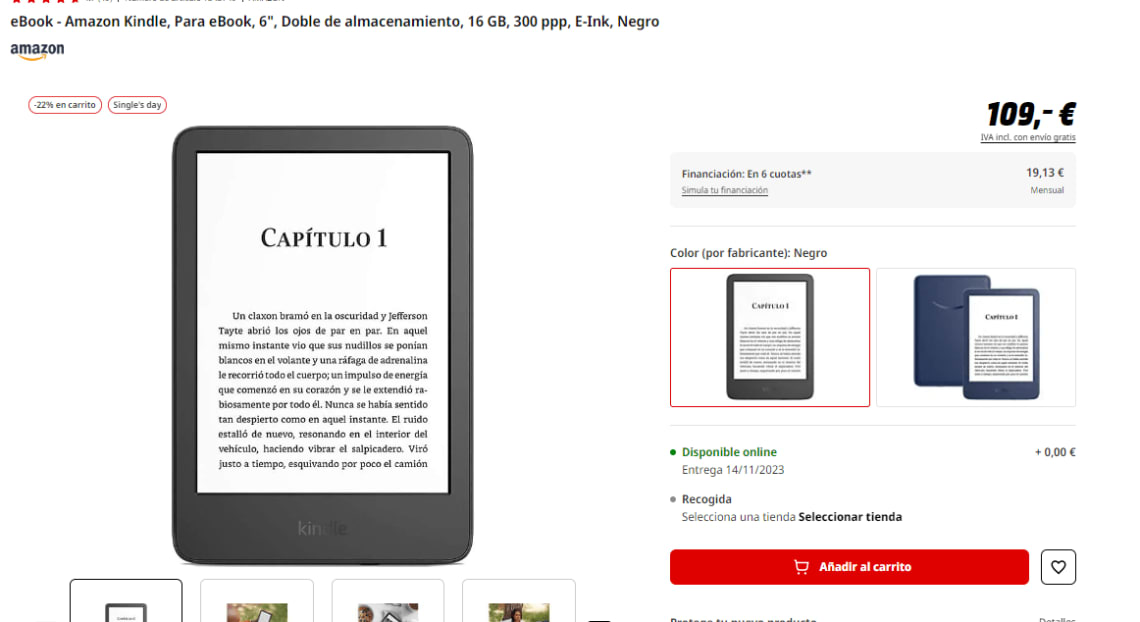 eBook   Kindle, Para eBook, 6, Doble de almacenamiento, 16 GB, 300  ppp, E-Ink, Negro