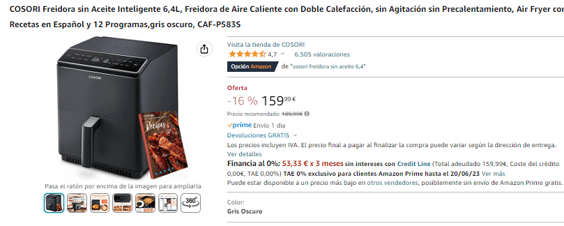 ▷ Chollo Freidora inteligente sin aceite Cosori Dual Blaze de 6,4L por sólo  159,99€ con envío gratis (-16%)