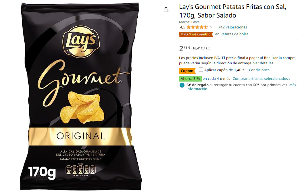 Comprar Patatas fritas Lay's Gourmet Original bolsa 170 g