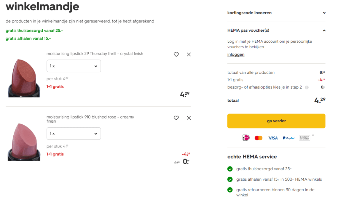 1+1 gratis op lippenstift en lipgloss bij HEMA