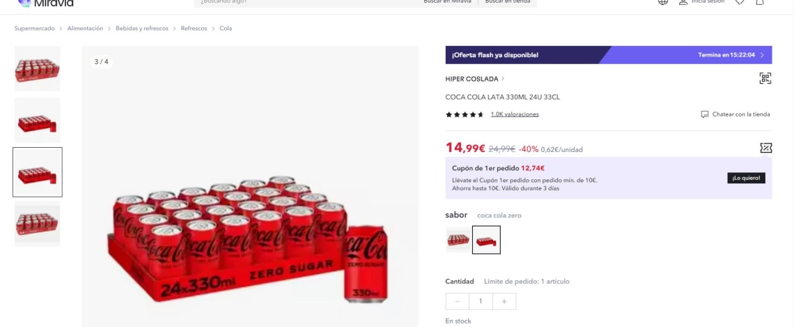 24 Latas de Coca Cola de 330ml por 13,99€ (Cuentas Nuevas 8.39€) tambien ferta la zero