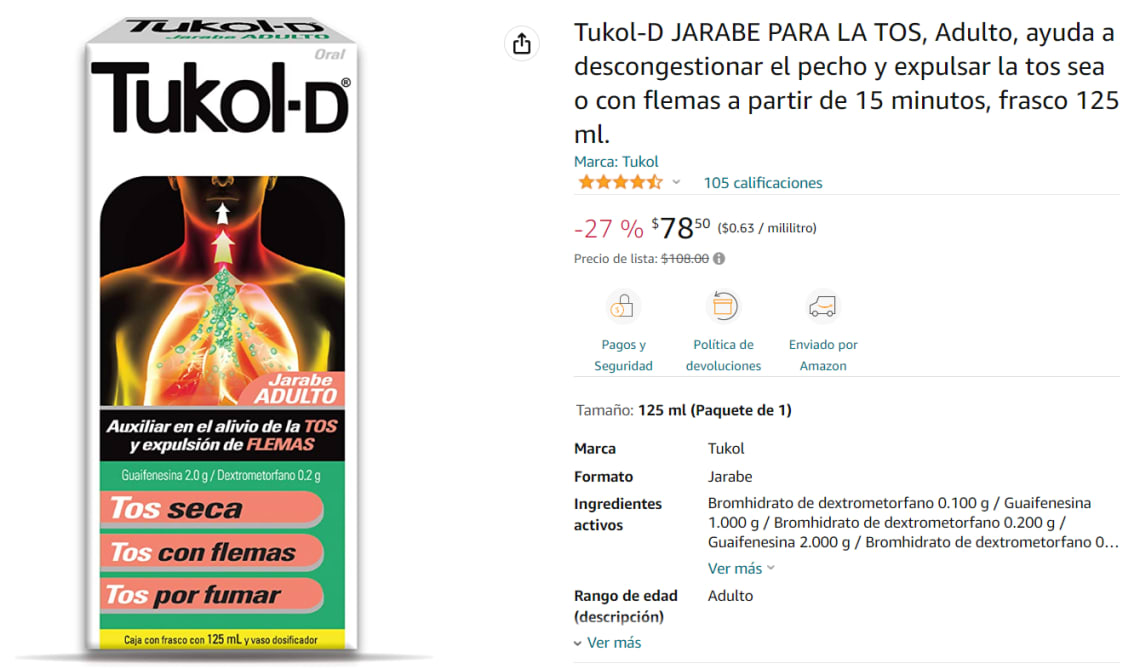 Tukol Jarabe Adulto 125 Ml. Alivio A Tos Y Flemas