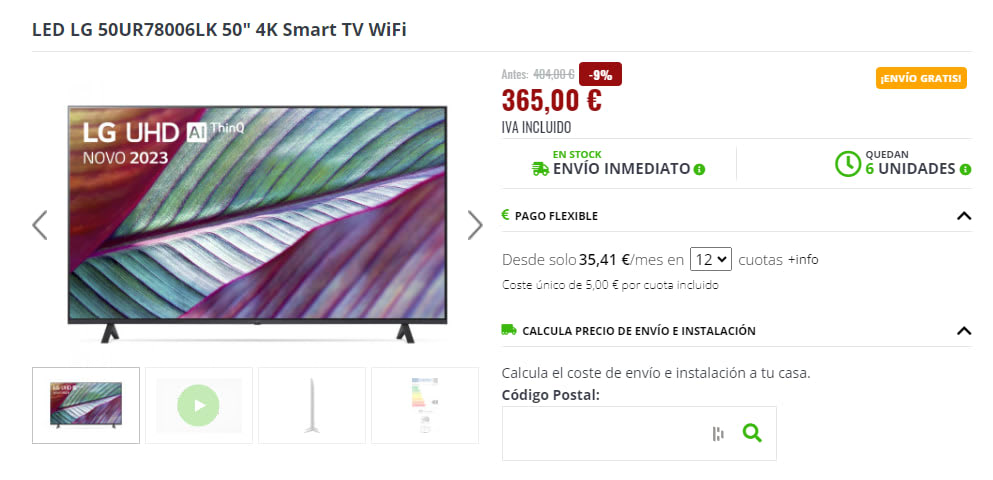 TV LED 50 LG 50UR78006LK, 4K UHD, Smart TV por 365€