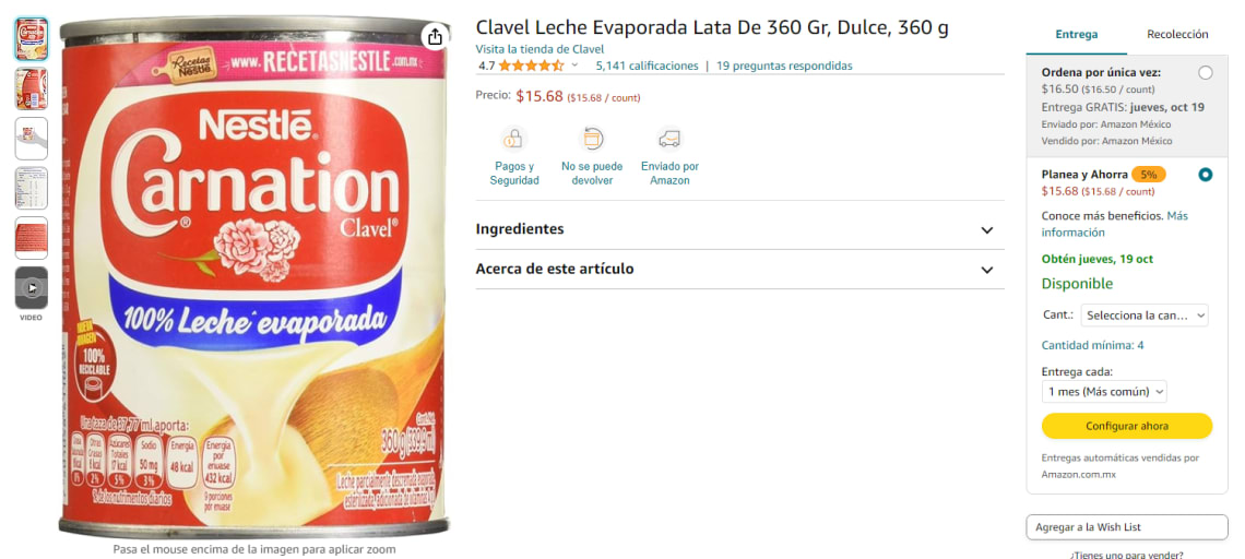 Clavel Leche Evaporada Lata De 360 Gr, Dulce, 360 g : :  Alimentos y Bebidas