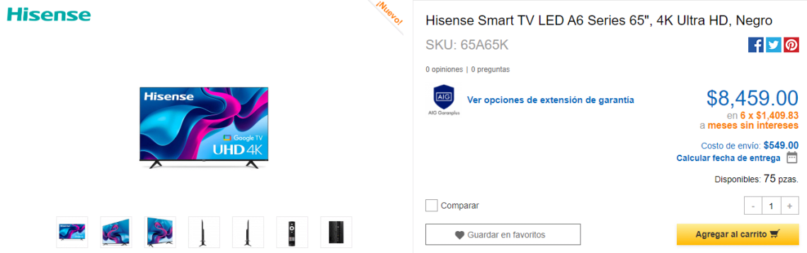Smart TV Hisense LED de 65 4K/UHD 65A65K Google TV Reacondicionado