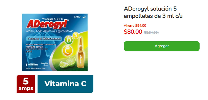 Farmacias del Ahorro, Aderogyl vitaminas A, C y D, 5 ampolletas 3 ml