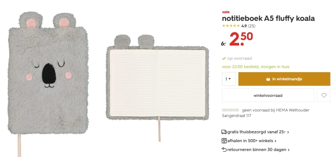 Notitieboek koala fluffy met grijze kaft voor €2,50 bij Hema