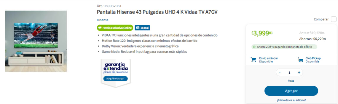 Pantalla Hisense 43 Pulgadas UHD 4 K Vidaa TV A7GV a precio de