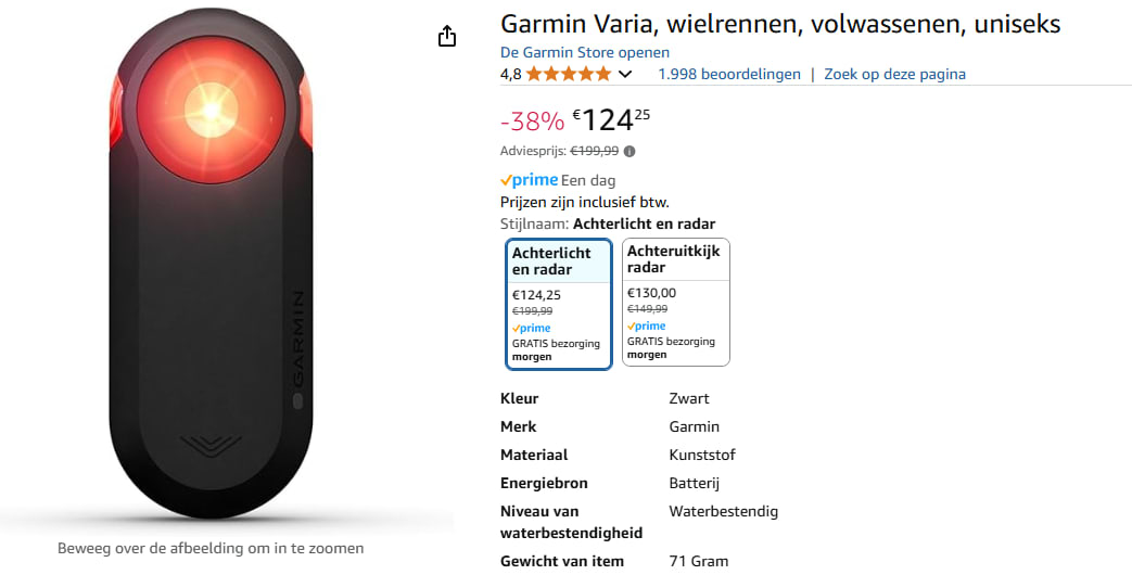 Garmin Varia RTL515 Radar Achterlicht voor €124,25 bij Amazon