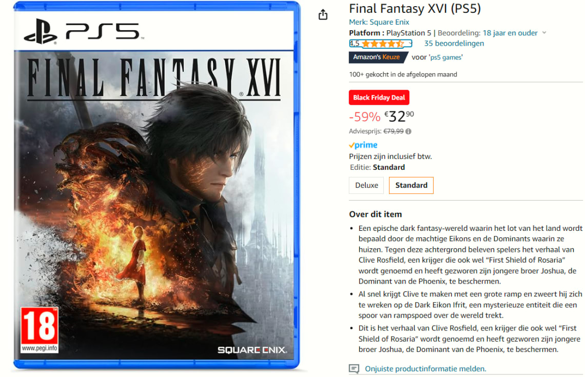 PS5 Final Fantasy XVI voor €32,90 bij Amazon