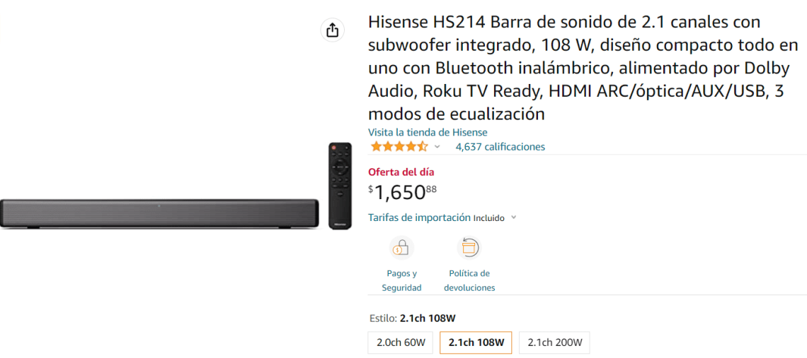 Barra de Sonido con Bluetooth Hisense HS214 108W/2.1 Negra